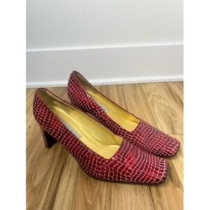 Bellini Red Snakeskin Embossed Square Toe Pumps Glossy Faux Leather Block Heels